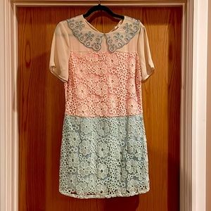 Pastel 1960’s-style pink & blue floral lace minidress with sheer sleeves, collar